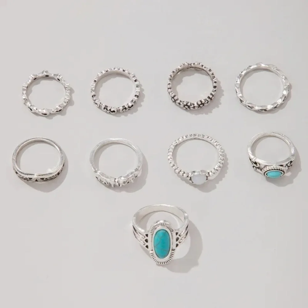 *DULCIE* 9-Pc Silver x Teal Elephant Fashion Ring Set
